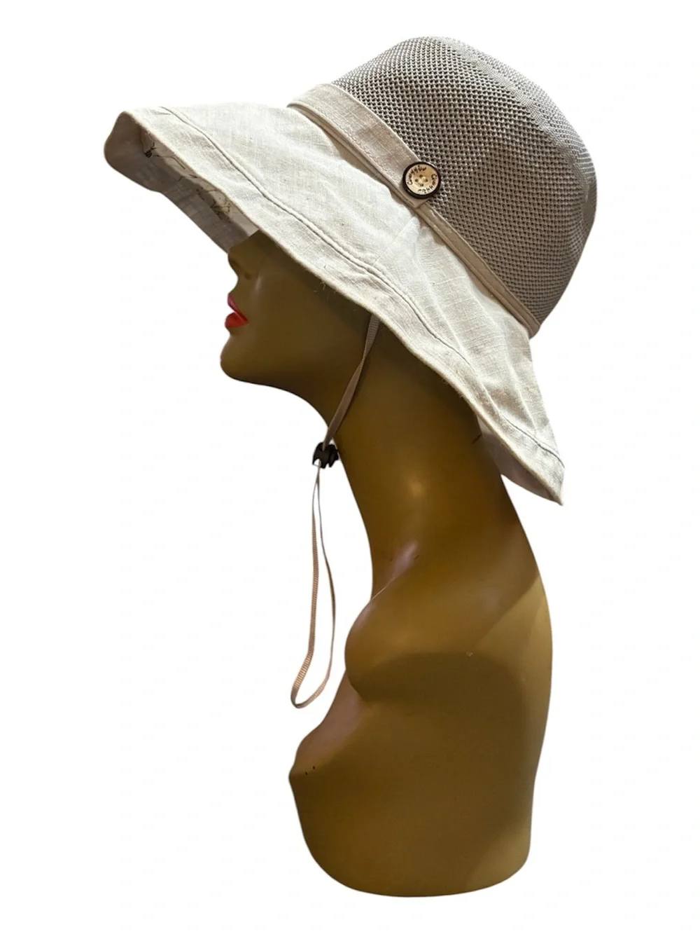Floral Print Wide-Brim Sun Hat — Beige & Cream with Tie Strap - Picture 5 of 6